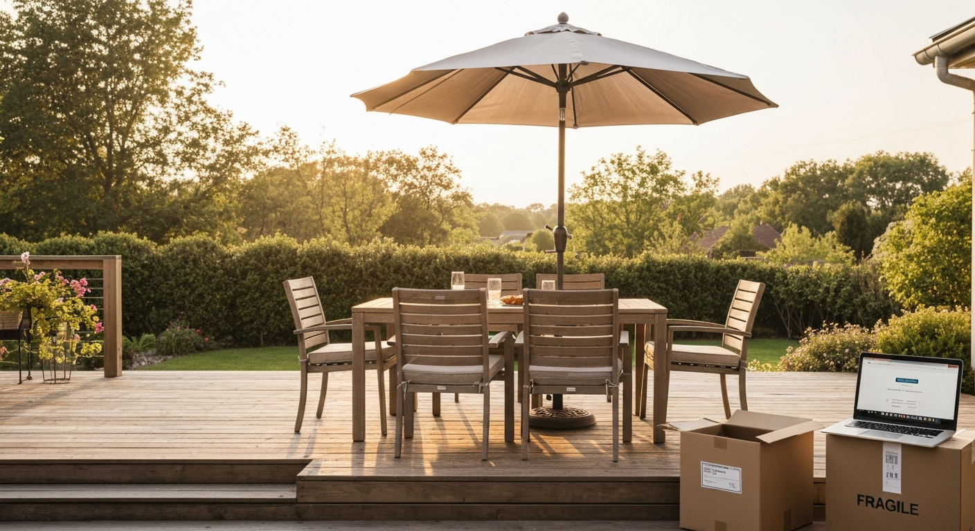 Outdoor patio with recycled-plastic dining set on a sunny deck, delivery box and laptop visible.