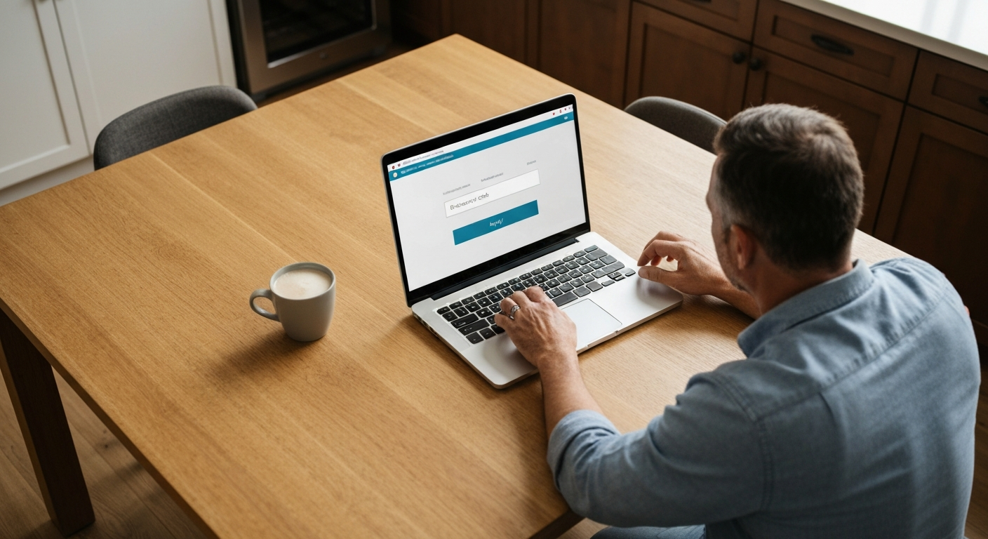 Person at a kitchen table using a laptop with a shopping cart page open showing a field for entering a discount code.