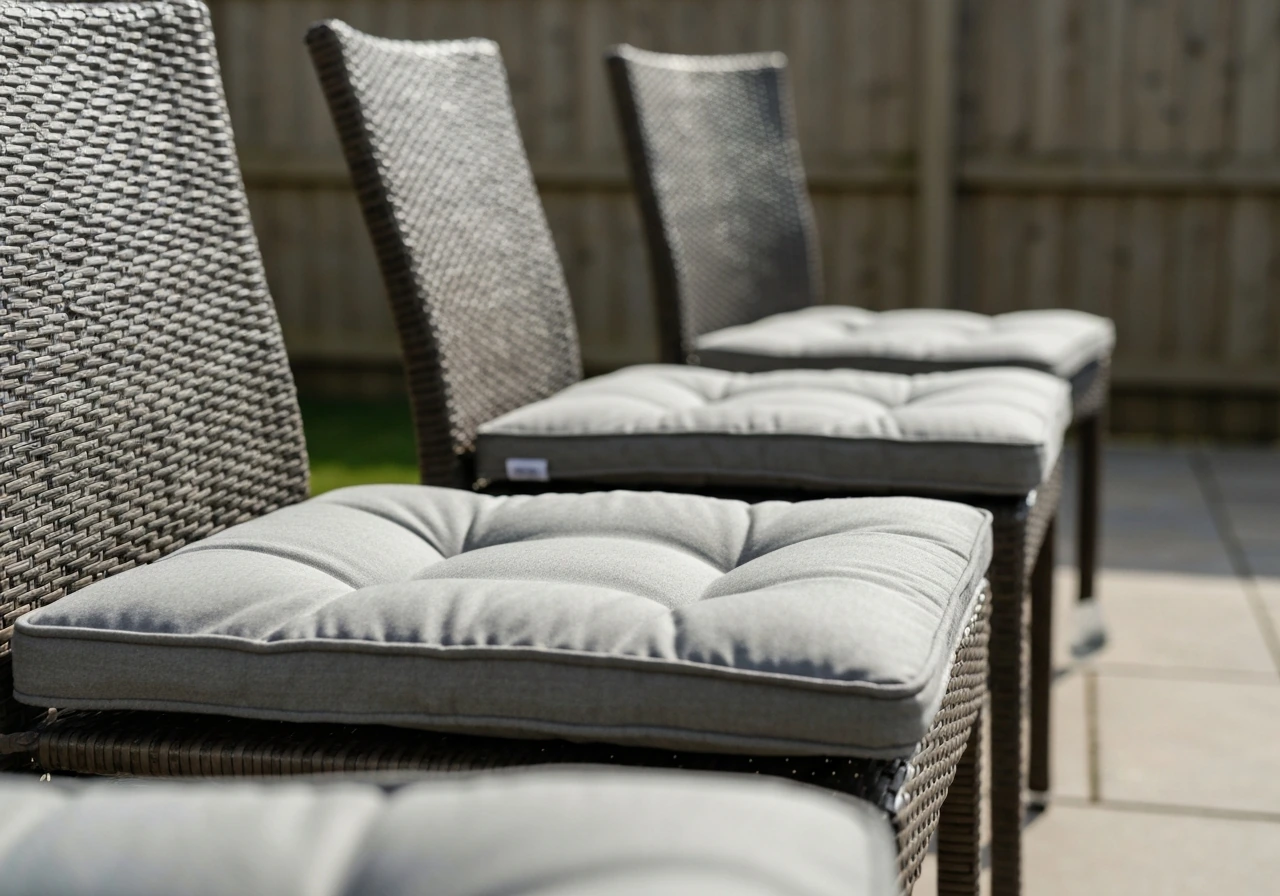Close-up of outdoor patio chairs with weatherproof replacement cushions laid out on a clean patio