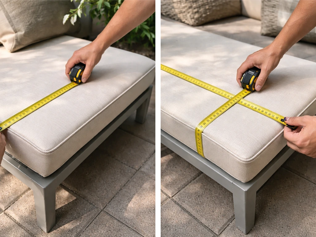 Person using a tape measure to measure the length and width of a patio cushion frame