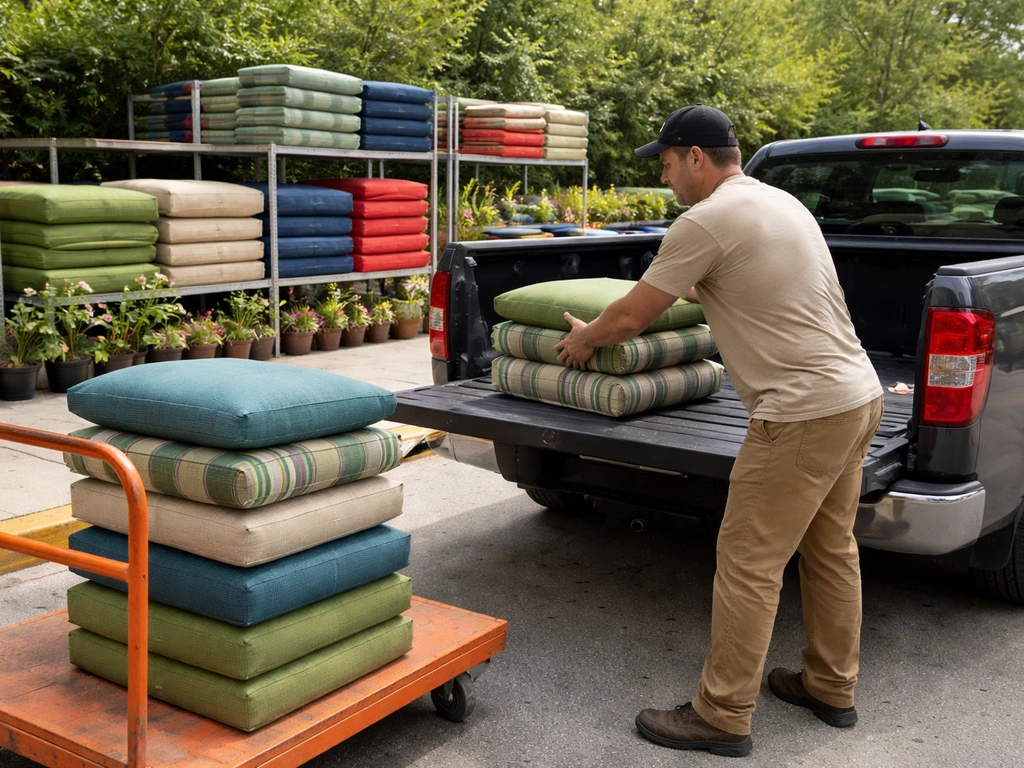 An outdoor cushions display beside a curbside pickup pickup car concept in a Home Depot–like lot.