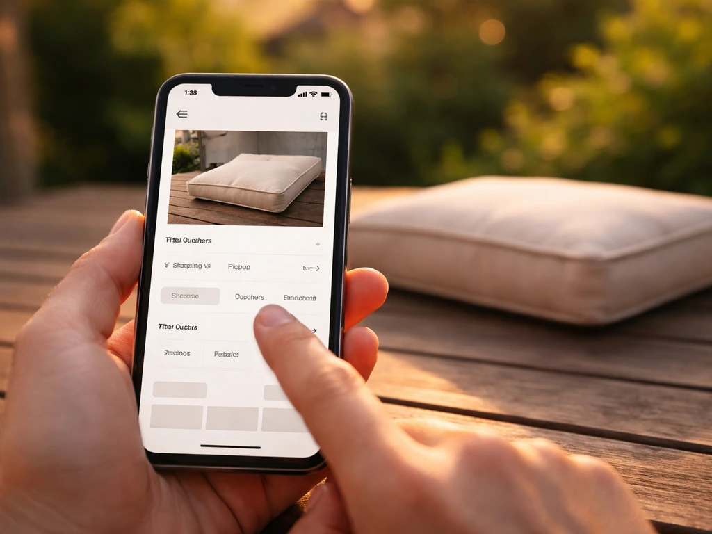 Close-up of a hand using a phone to filter shipping and pickup options on an online patio cushion page