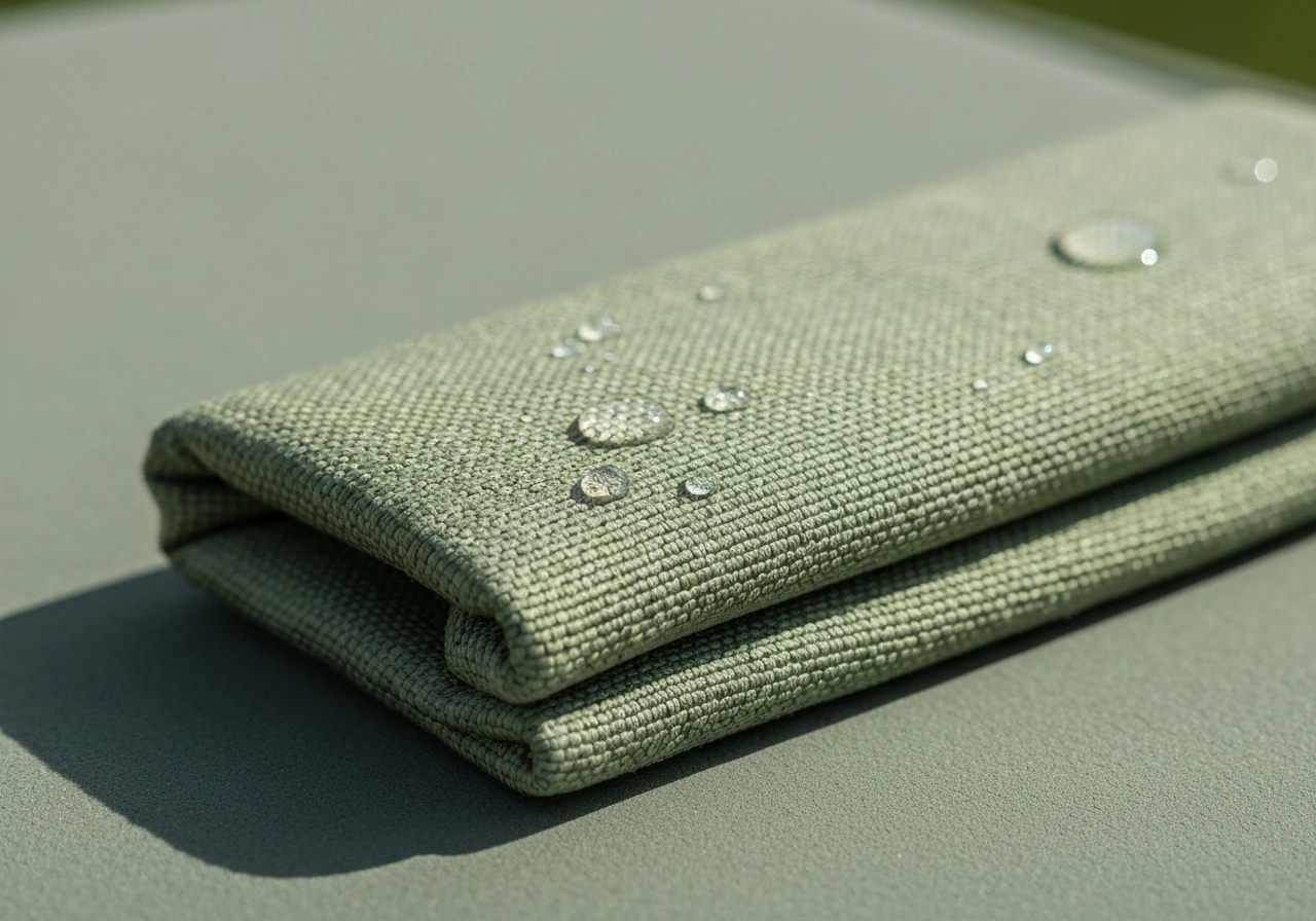 Close-up of solution-dyed acrylic outdoor fabric sample with fade-resistant, water-ready texture.