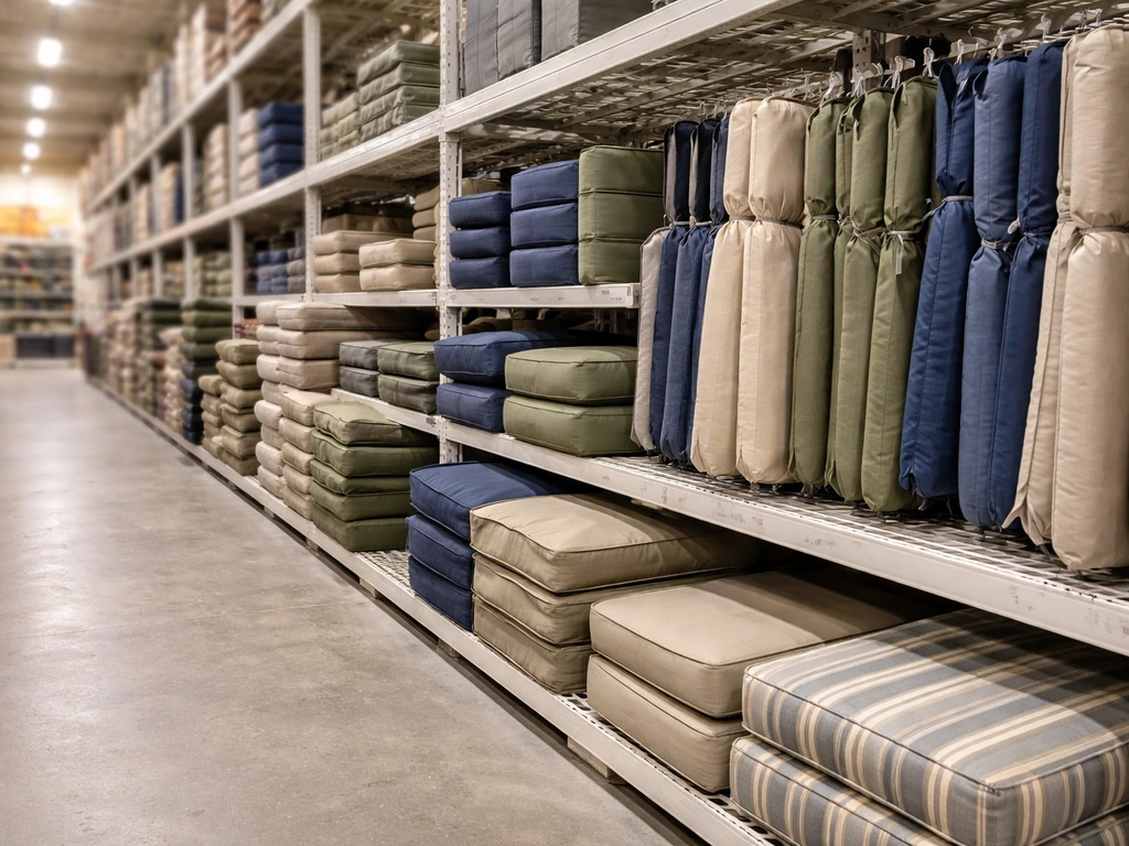 Patio cushion display in a home improvement store with multiple cushion options on open shelving.