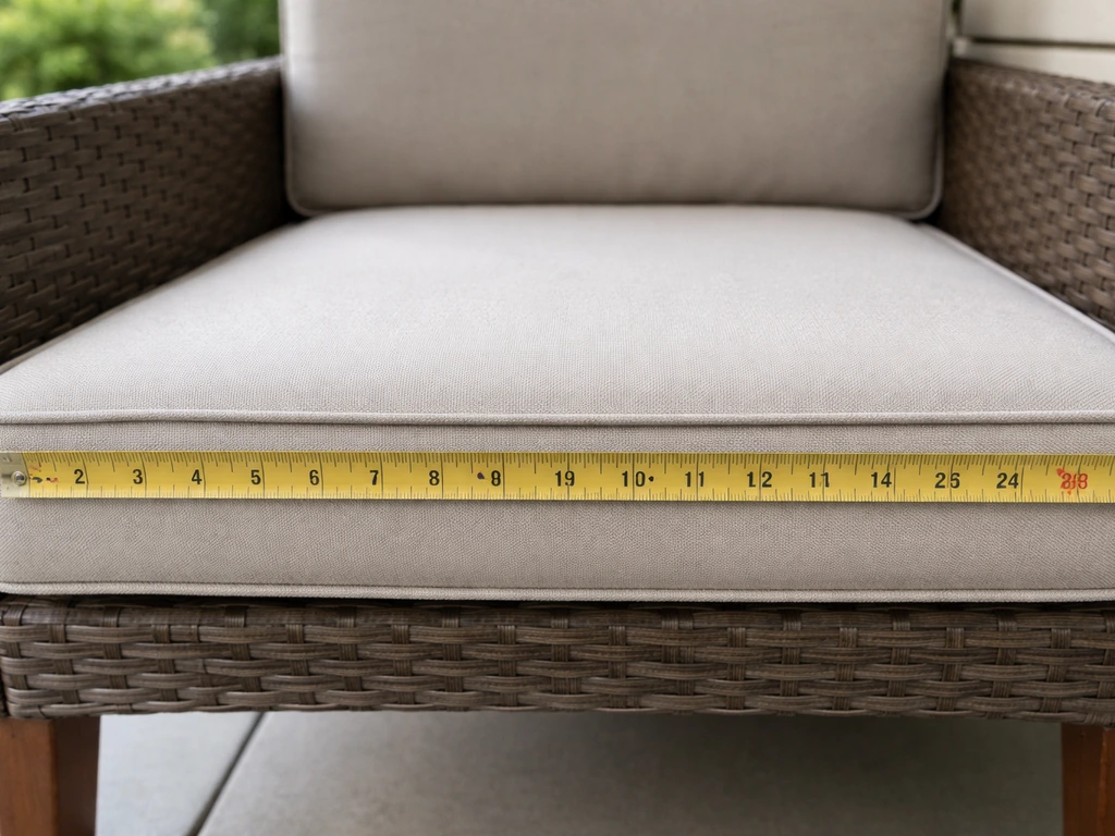 Patio seat cushion with piping, tape measure laid across the front to show where to measure for replacement fit.