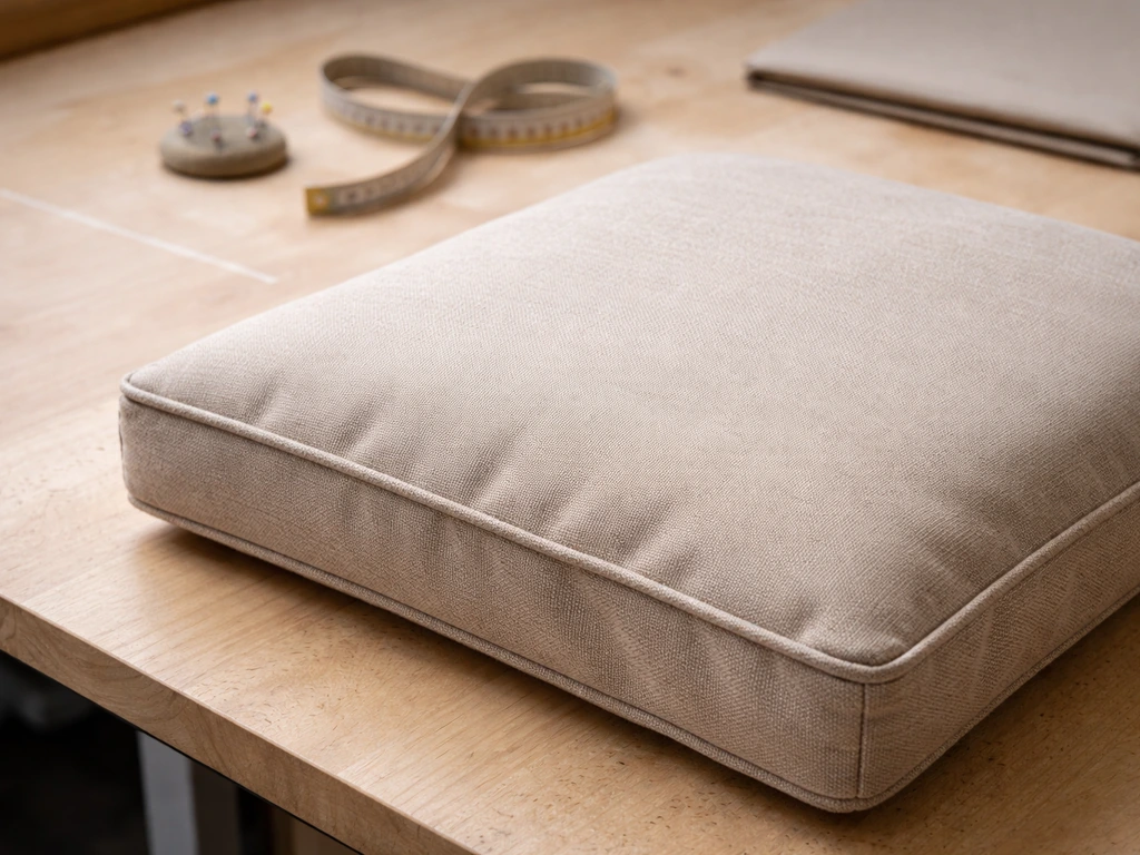 Close-up of a cushion on a wooden table with measuring pins and tape for size matching.