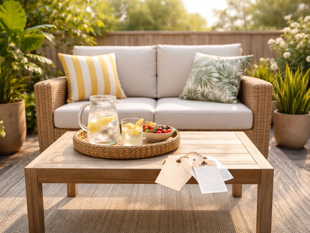 Bright outdoor patio with wicker furniture and generic price tags on a table suggesting a discount.
