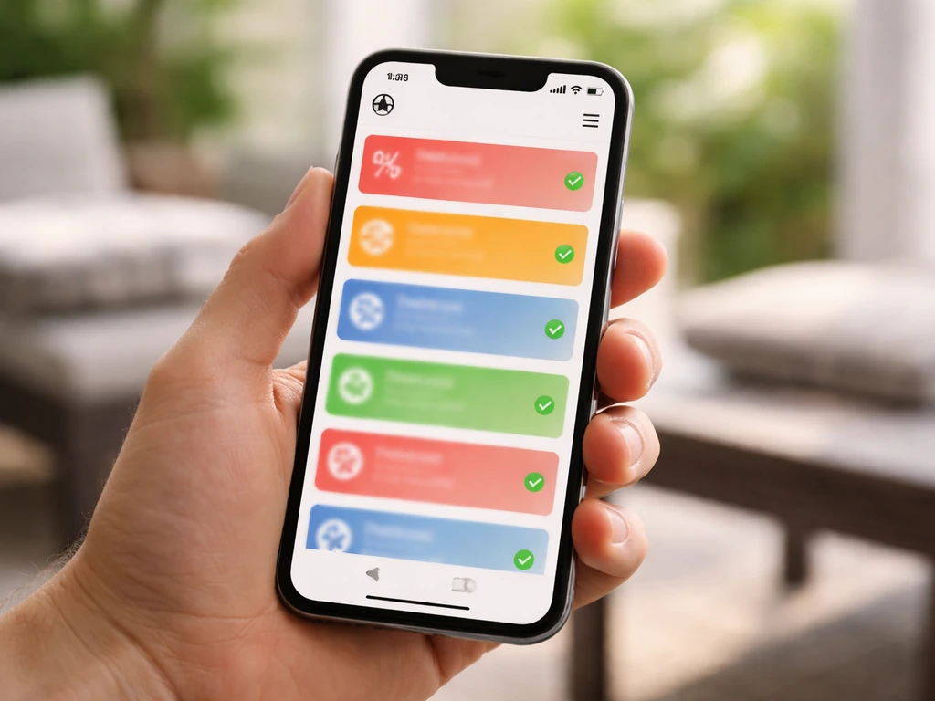 Smartphone showing an app offers dashboard with active promotion tiles for outdoor patio items.