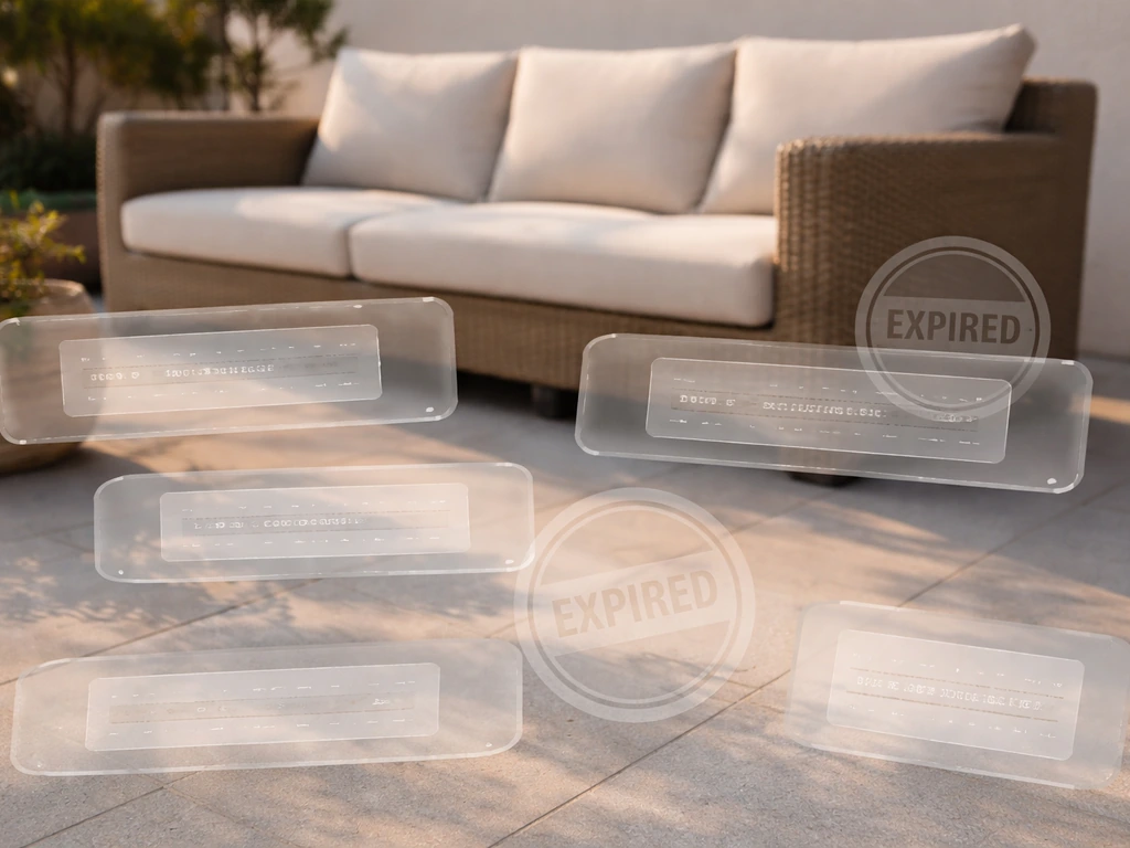 Overlapped expired coupon code strings and stamps on a patio furniture product page layout, suggesting unreliability.