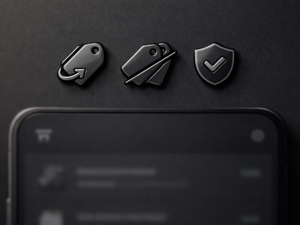 Minimal checkout UI with three constraint icons showing single-use, no stacking, and eligibility check.