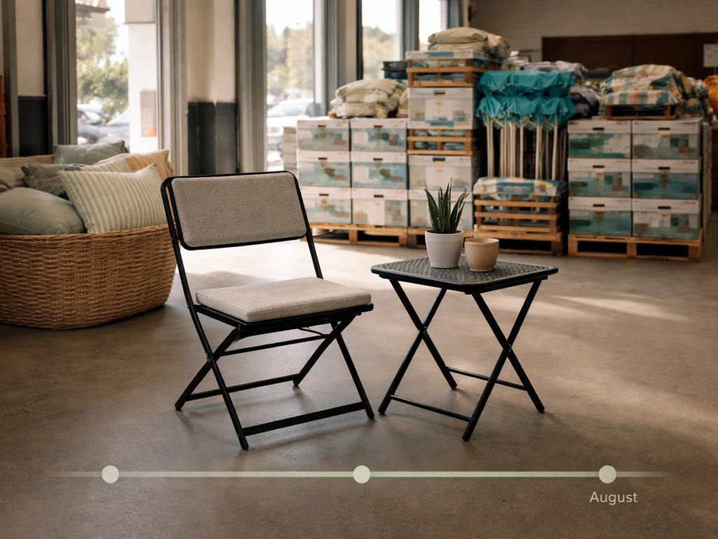 Outdoor patio furniture display with a subtle late-June to August timeline overlay, showing sale timing.