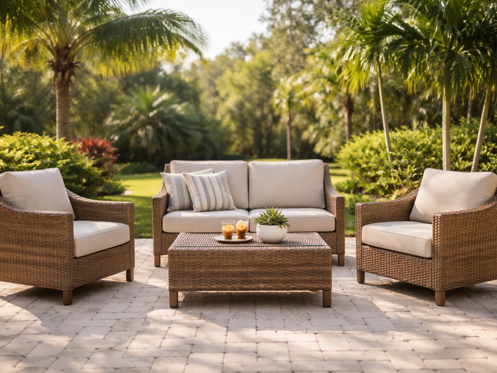 Sunny patio furniture set on outdoor pavers with tropical greenery in the background