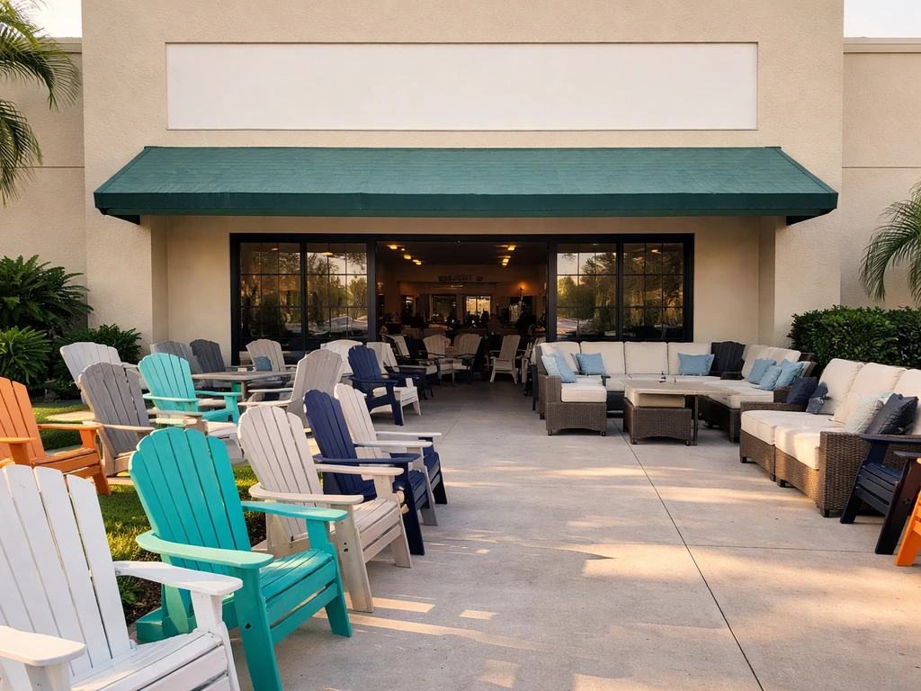 Outdoor patio furniture showroom with neatly displayed chairs and storefront in Manatee County, Florida.