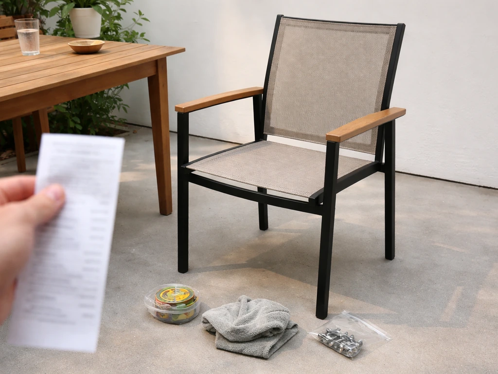 Outdoor patio chair with a few simple items suggesting comparing cost and durability for best value.