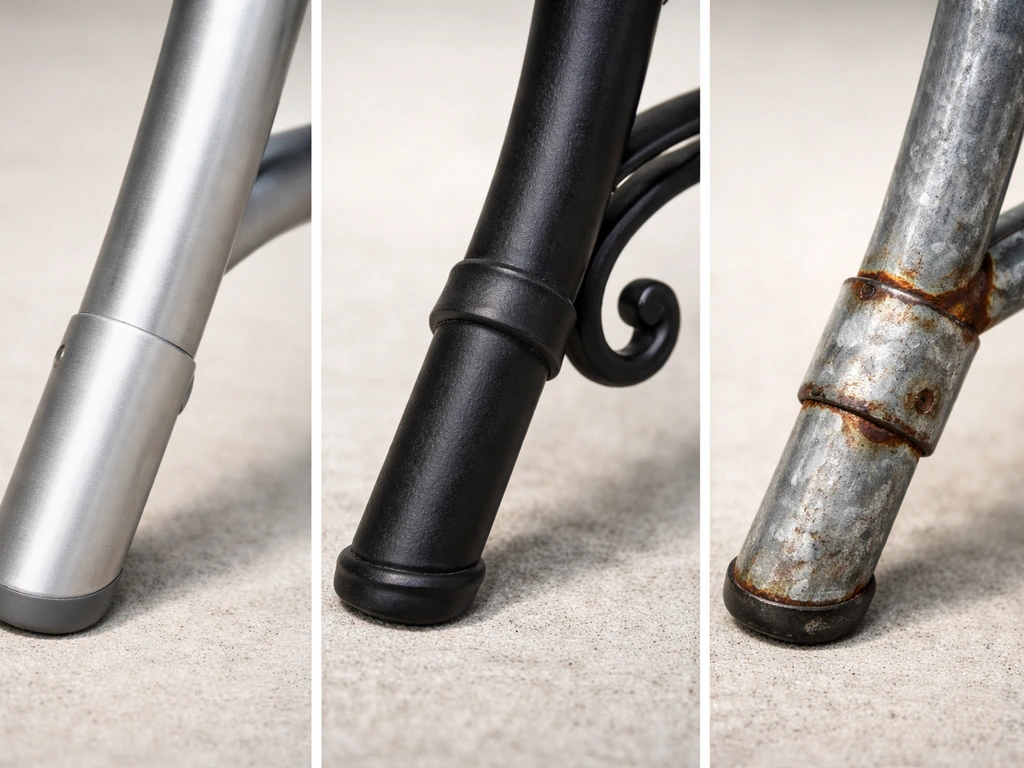 Close-up of three coastal furniture frame materials: aluminum, wrought iron, and steel with rust-free vs rusted textures