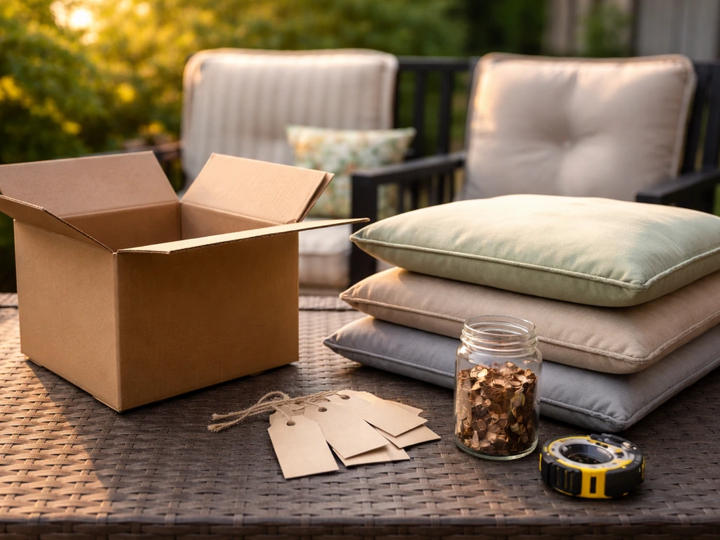 Patio cushions and blank price tags on a table in warm late-summer light, implying clearance timing.