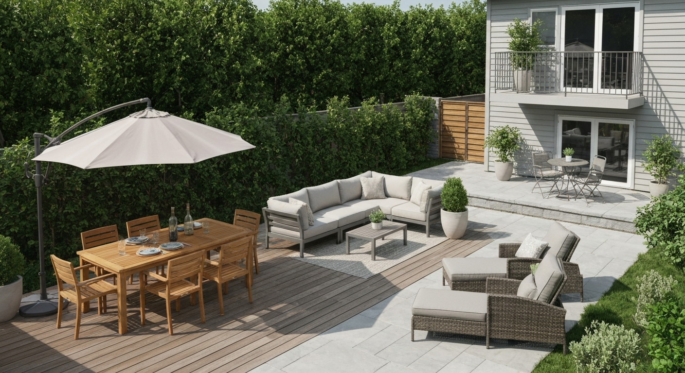 Backyard showroom with multiple patio furniture styles (teak dining set, aluminum sectional, wicker chairs, bistro set) on a wooden deck and stone patio under a neutral umbrella.