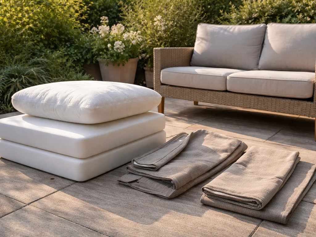 Outdoor patio cushions stacked with seat and back covers removed, ready for shopping in natural light.