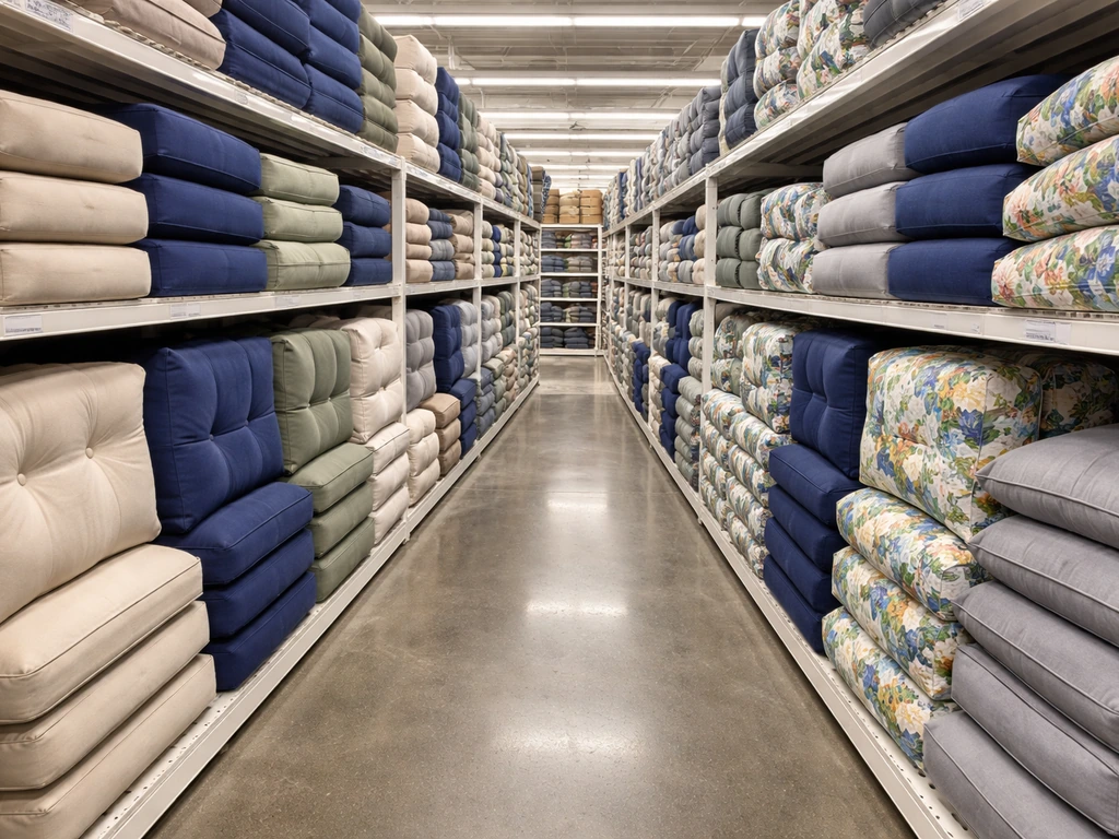 In-store aisle showing neatly arranged patio cushions and slipcovers in varied colors and fabrics.