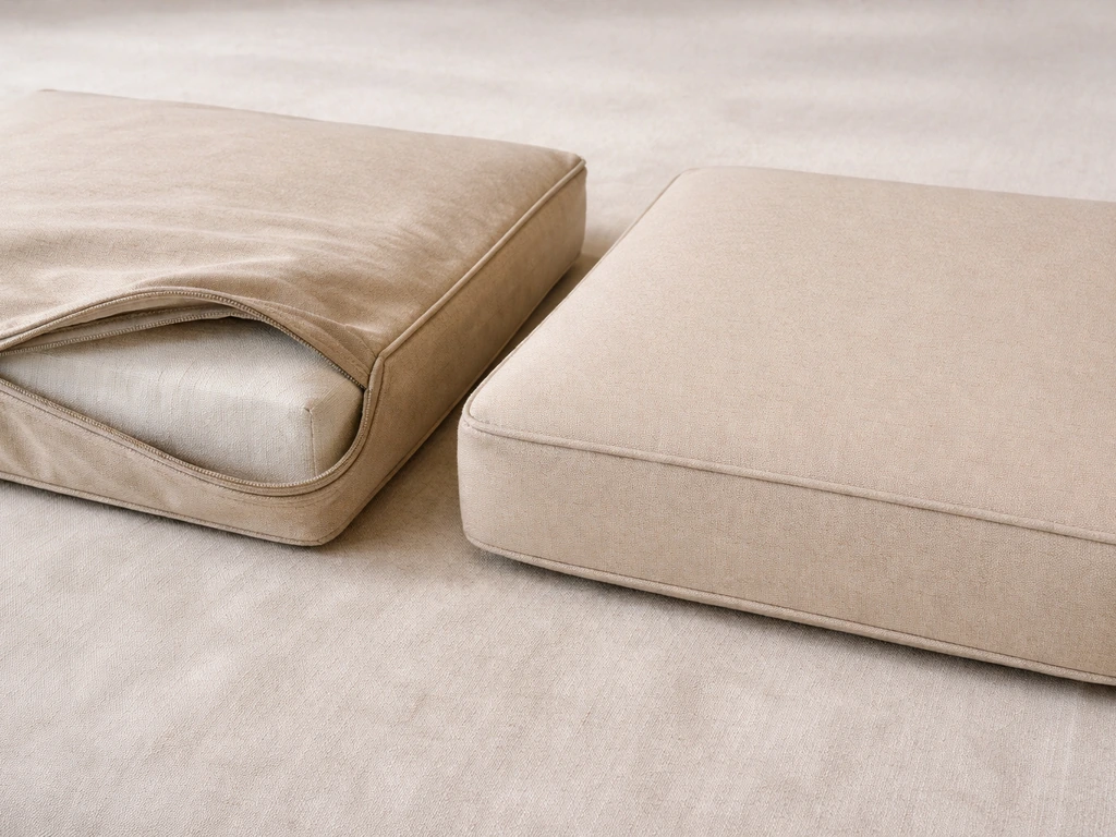 Close-up of a zippered slipcover on a cushion compared with a fully replaced cushion