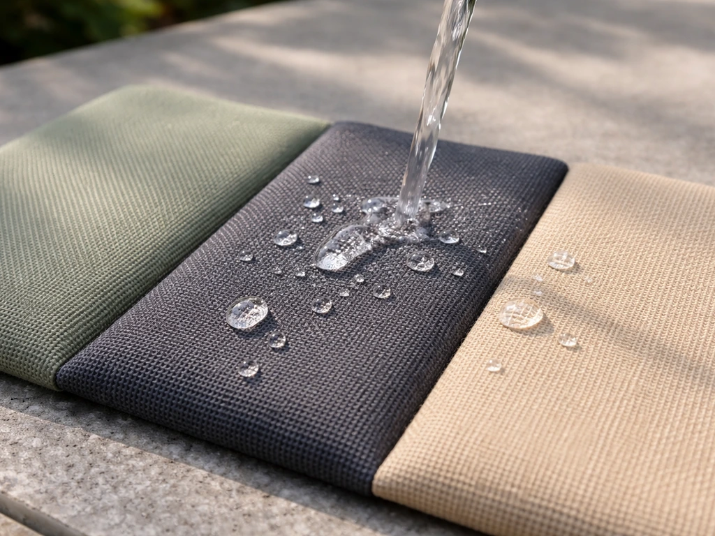 Outdoor fabric swatches under gentle water spray, showing water beading and UV-ready outdoor material texture.