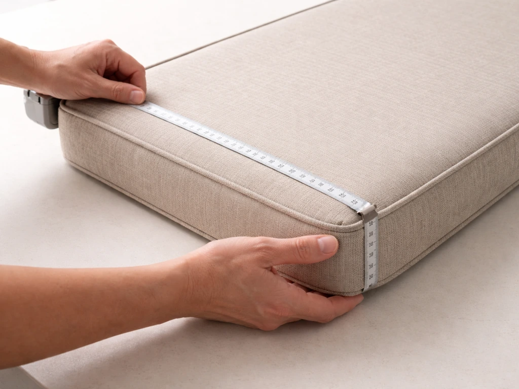 Close-up of a tape measure measuring a patio cushion length, width, and thickness on a table.