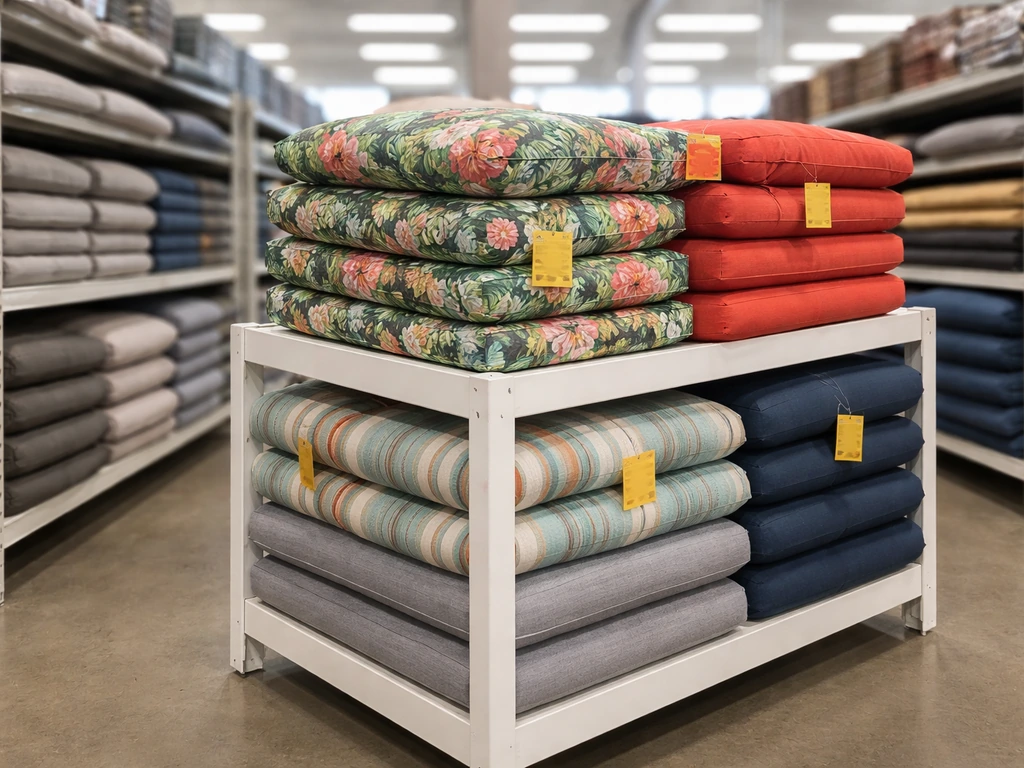 Marked-down patio cushions on a store end-cap aisle, with small generic clearance tags, off-season shopping vibe.