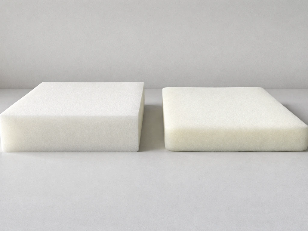 Two cushion foam inserts side-by-side: one thick high-density holding shape, one lower-density more compressed.