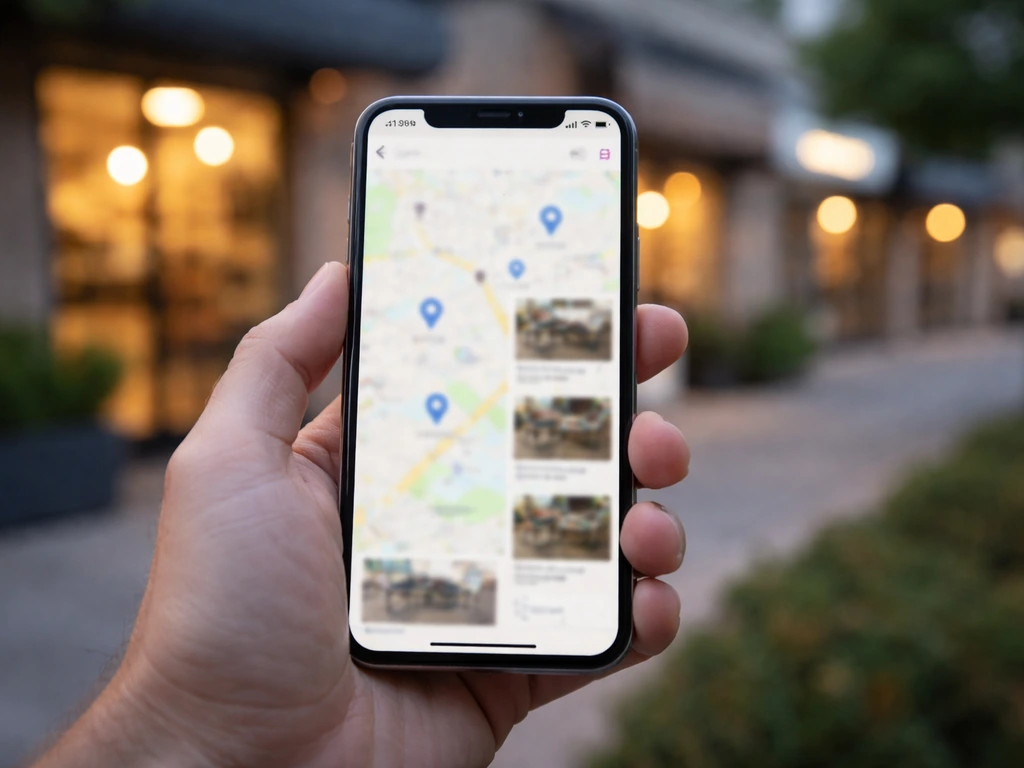 Hand holding a smartphone showing a map-style interface while storefronts glow outside at dusk