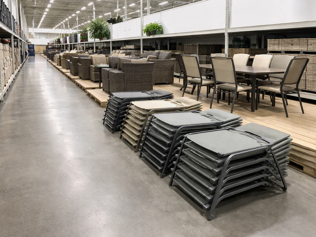 A clean big-box store aisle with stacked patio chairs and a few wicker sets on racks
