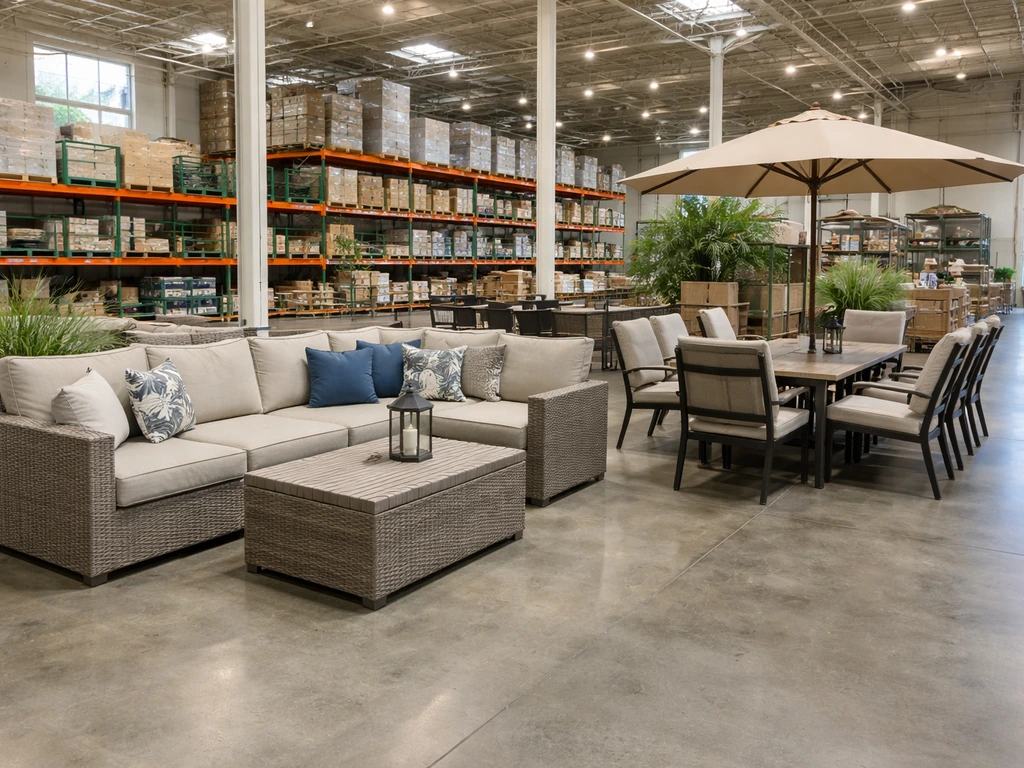 Minimal view of a Costco-style warehouse aisle with neatly stacked patio furniture displays