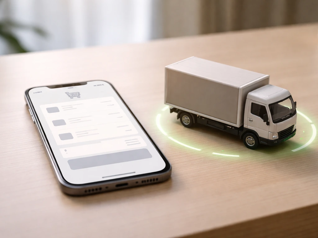 Smartphone checkout with cart for delivery to a ZIP code, beside a delivery truck icon on a plain background.