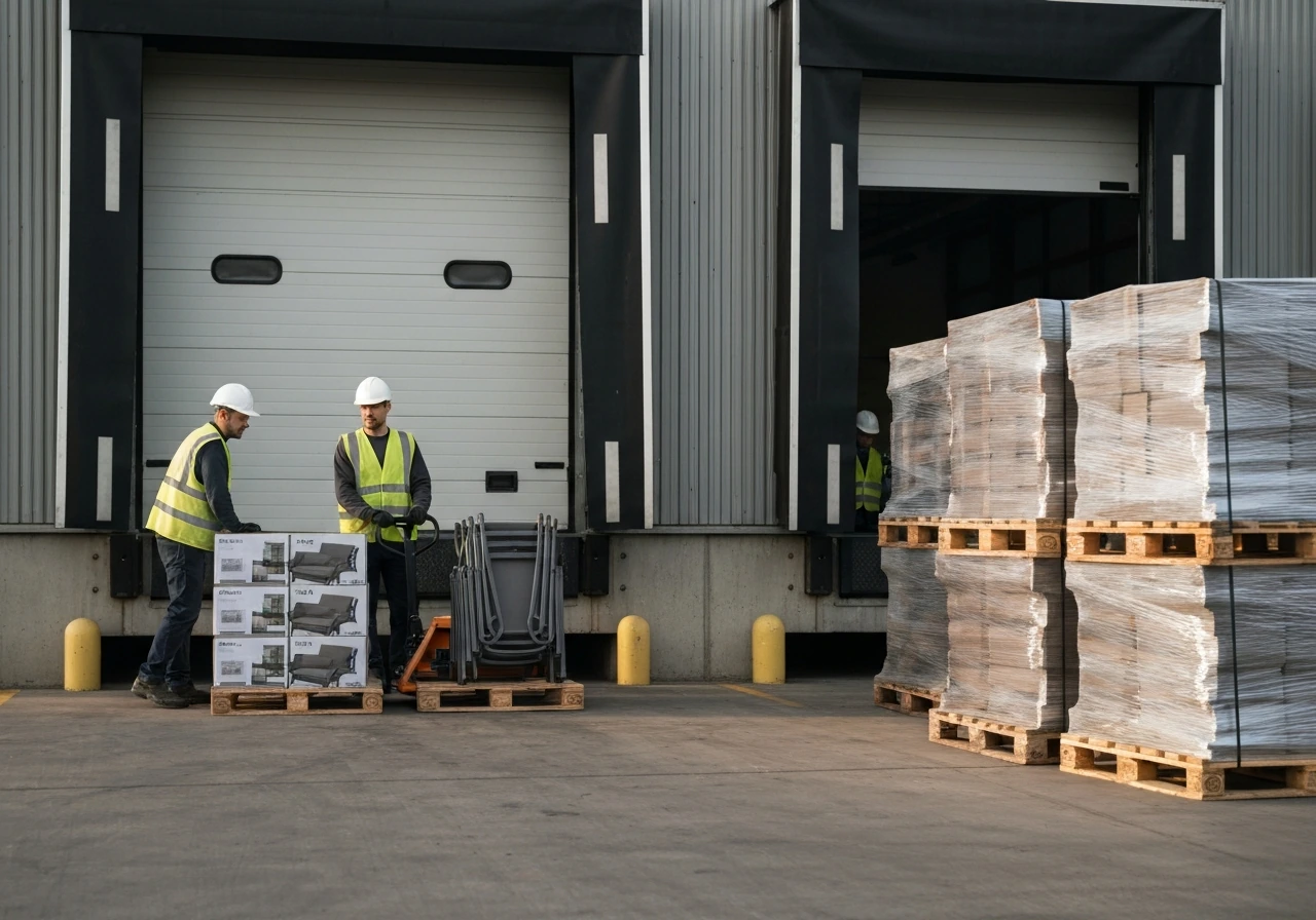 Warehouse workers unload patio furniture pallets onto the loading dock floor near spring season.