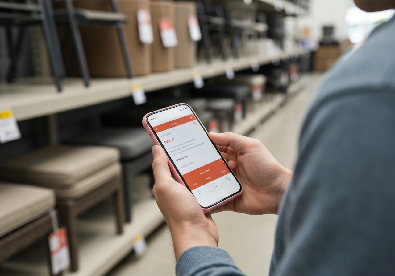 Anonymous shopper holding a smartphone while browsing patio furniture deals in a retail aisle.