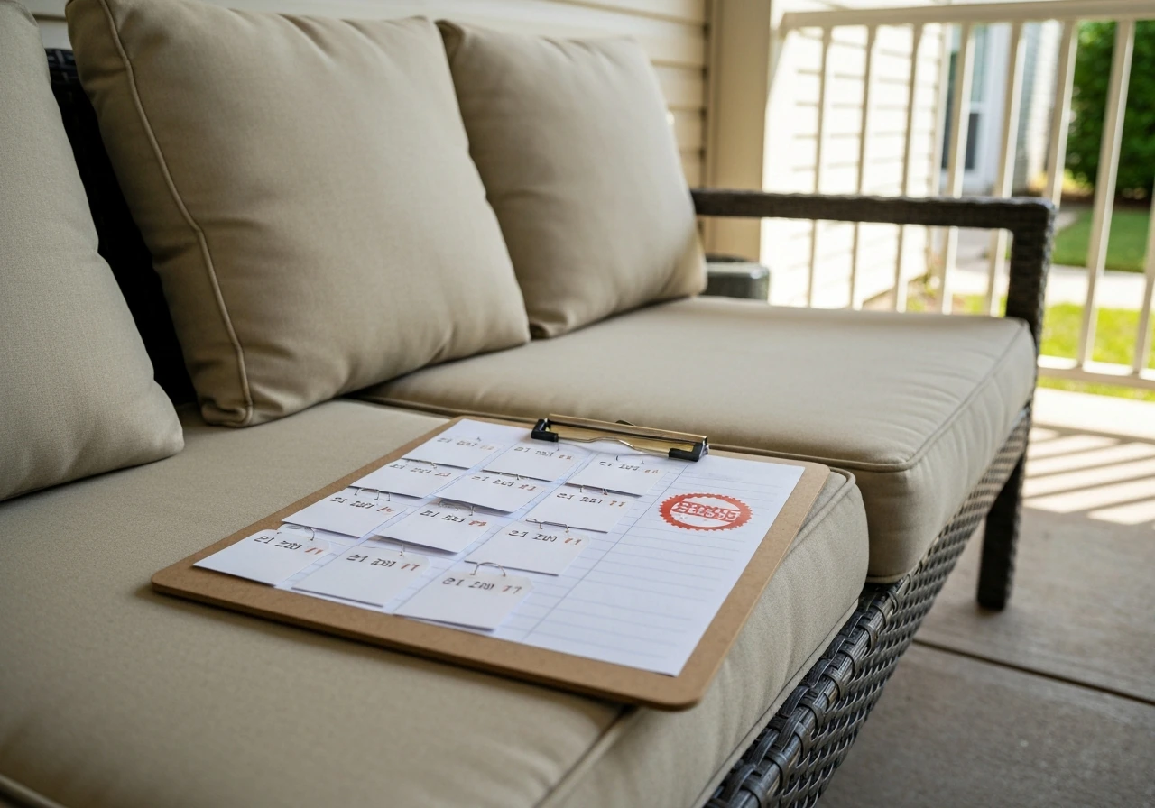 Clipboard with sale-event cards and dates laid over outdoor patio furniture, with an Instant Savings-style sticker