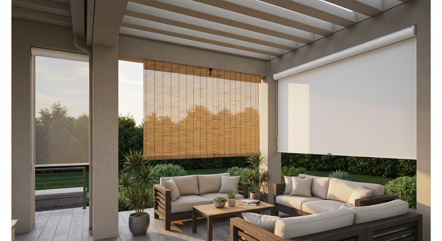 Modern covered patio with different patio blinds (solar mesh, bamboo, PVC) partially lowered.