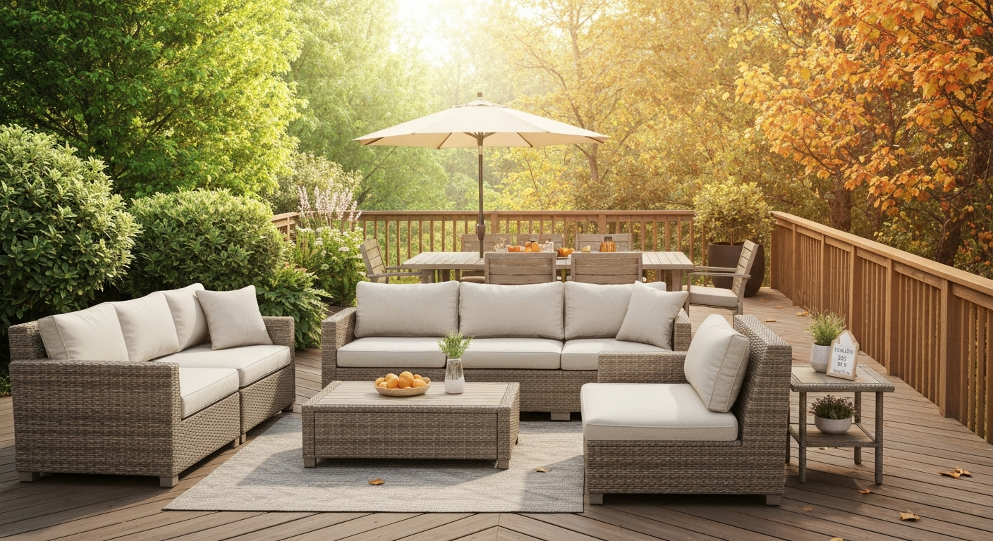 Backyard wooden deck with a neutral rattan patio conversation set; scene blends summer greenery on the left with subtle fall leaves on the right to evoke seasonal timing.