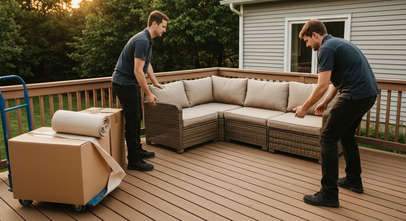 Delivery team placing a wicker patio sectional and cushions on a backyard deck with boxes and packing material to the side.