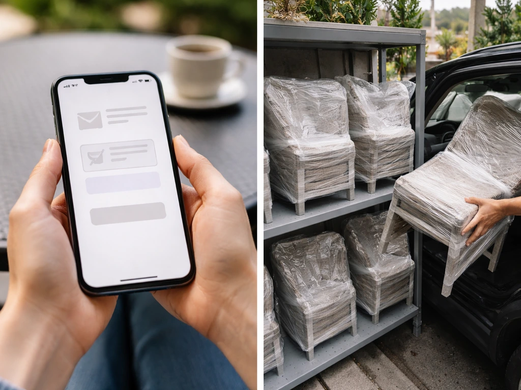 Phone cart checkout on one side and curbside patio chair pickup shelf on the other