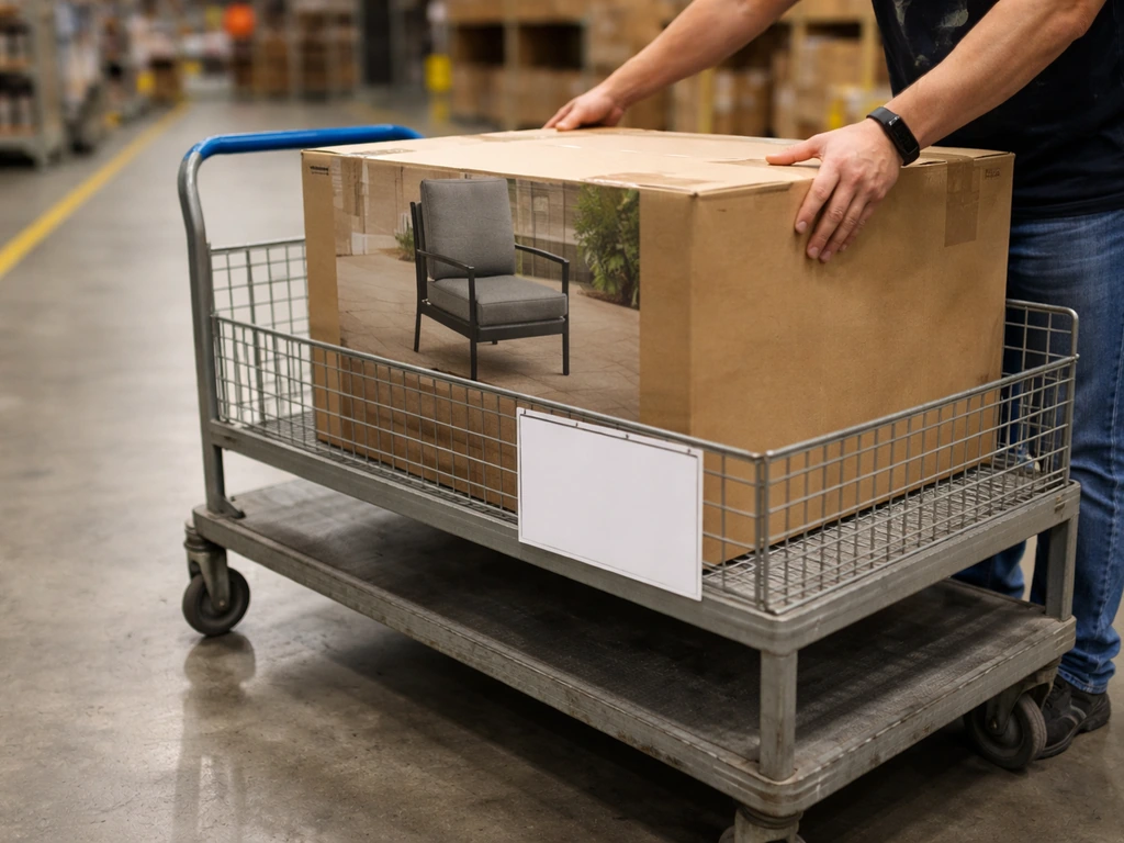Anonymous hands place a boxed patio chair on a cart in an in-store pickup area.