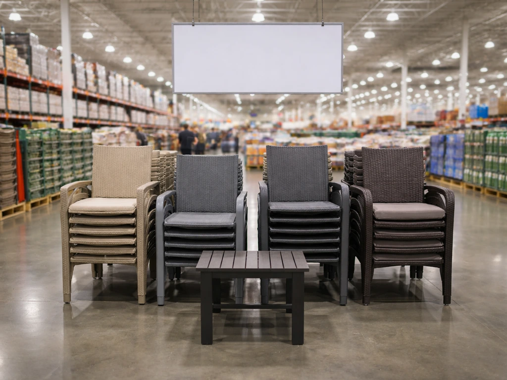 Patio chairs lined up in a Costco-style warehouse aisle with a large overhead price sign area.