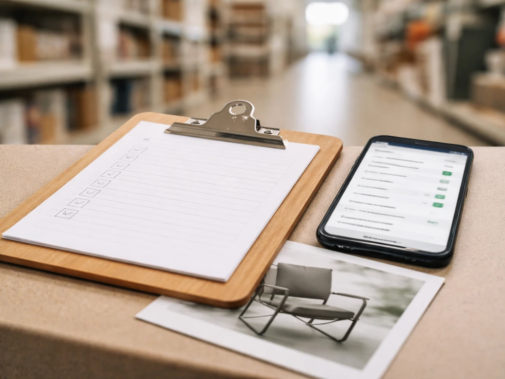 Close-up of clipboard checklist beside a phone showing an in-stock pickup screen and a patio chair model.