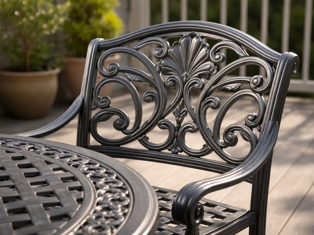 Close-up of ornate cast aluminum patio furniture with molded texture on a sunlit outdoor patio
