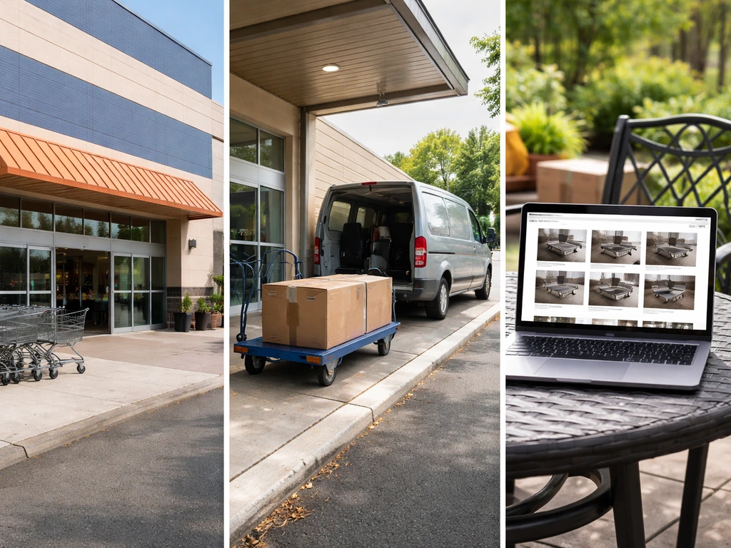 Minimal split-style scene: retail storefront, local curbside pickup, and a laptop showing patio furniture thumbnails.