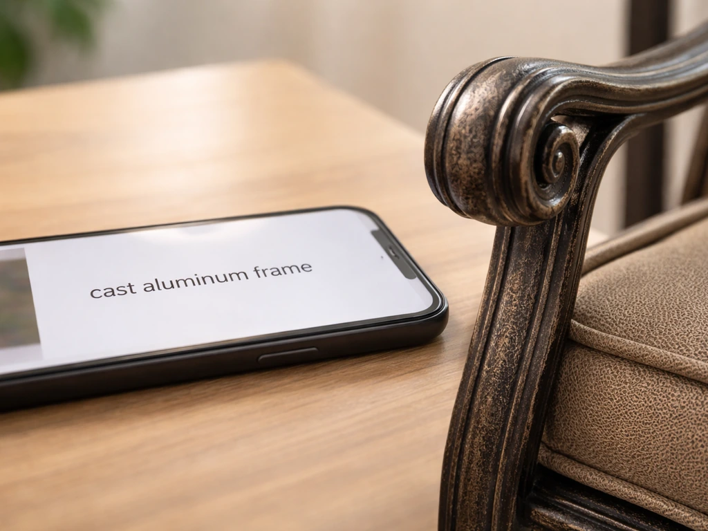 Close-up of a smartphone screen showing a product description phrase beside a cast aluminum chair detail.