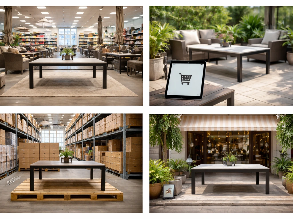 Four small photo panels showing patio tables in different store-like settings: big-box, online, warehouse club, and loca