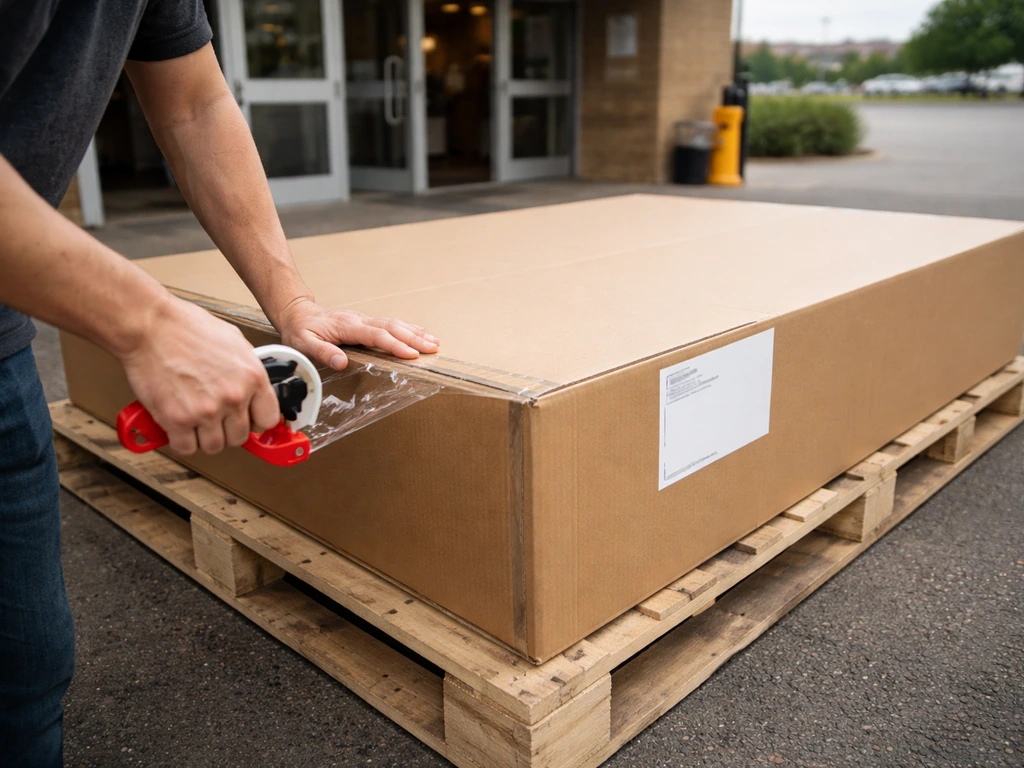 Boxed patio table on a pallet at a store curbside pickup area, hands taping the box in natural light.