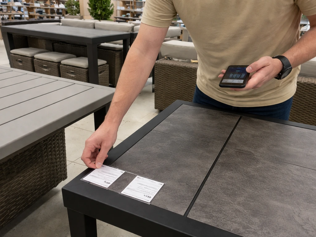Anonymous shopper comparing two patio table price tags in a home improvement store showroom.
