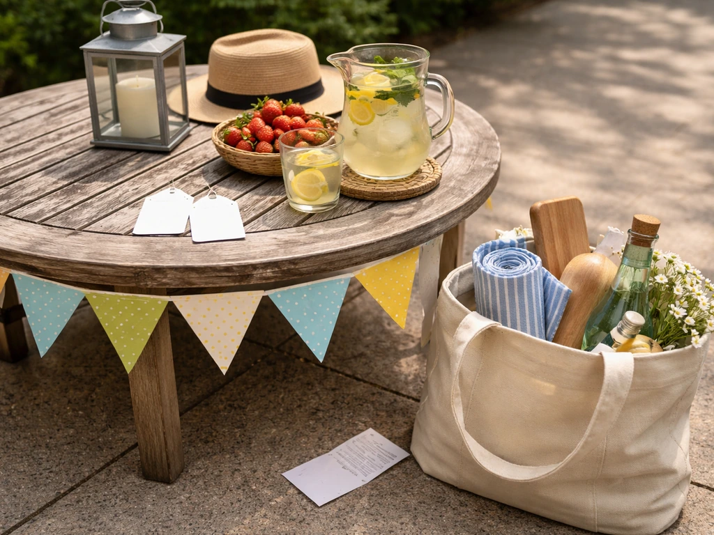 Patio table with a seasonal sale banner and two blank price tags beside household shopping items.