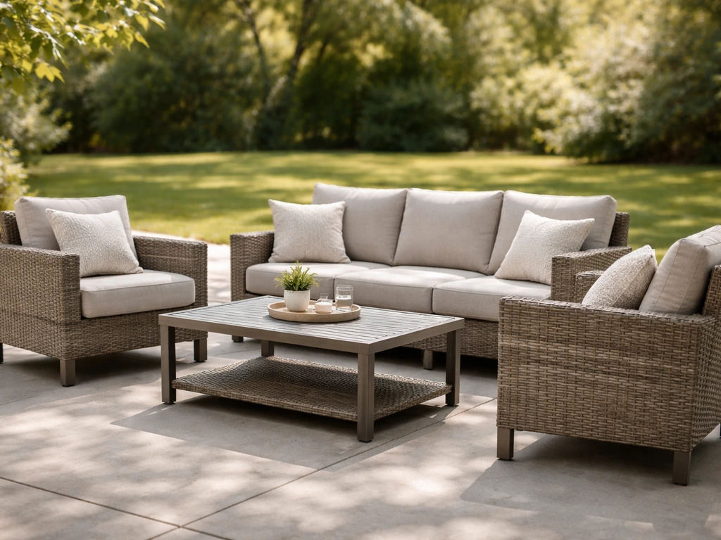 Close-up of an aluminum-framed wicker patio seating set with weatherproof cushions on a sunny backyard patio.